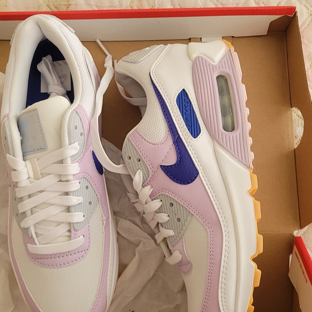 Nike White Blue and Purple Air Max 90 Sneakers Womens 8